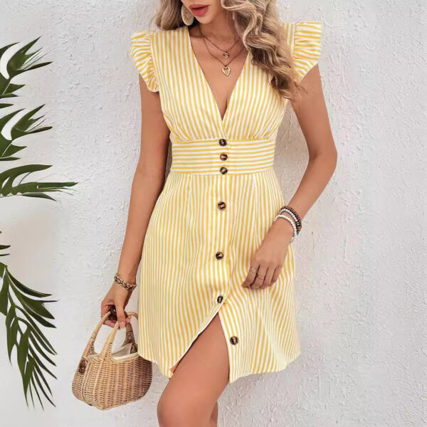 Summer V-neck Single-breasted Fly-sleeve Women's Shirt Dresses With Elegant Splicing Stripe Printing Beach Style Dress - Image 6