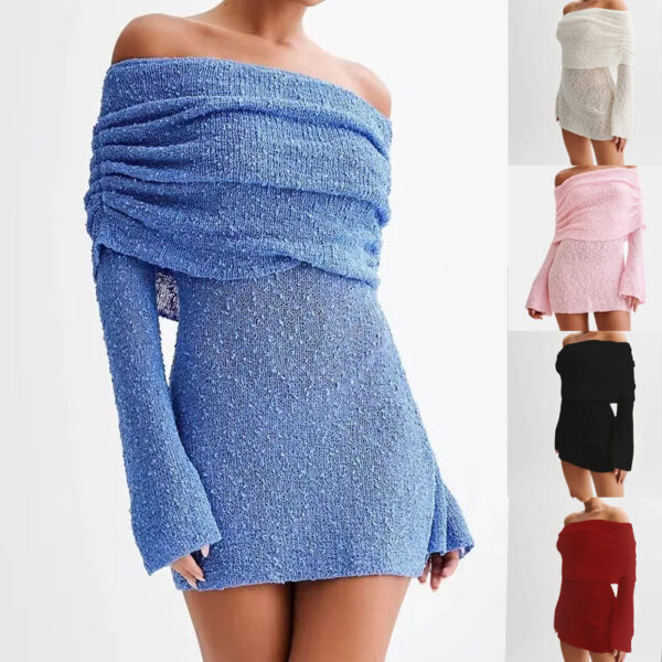 Women's Spring Summer Knitted Dress Elegant Party Boat Neck Dress Infant Off Shoulder Bodycon Long Sleeve Fuzzy Short Club Chic Mini Dress