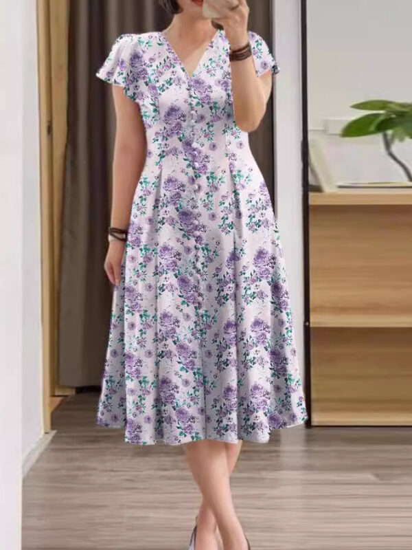 Floral Button Short Sleeve Women's Clothing Dress - Image 8