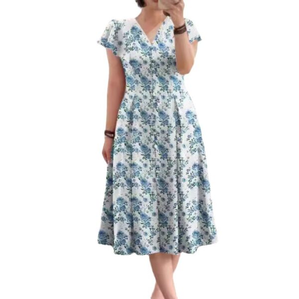 Floral Button Short Sleeve Women's Clothing Dress - Image 3