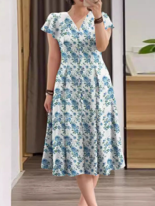 Floral Button Short Sleeve Women's Clothing Dress - Image 9