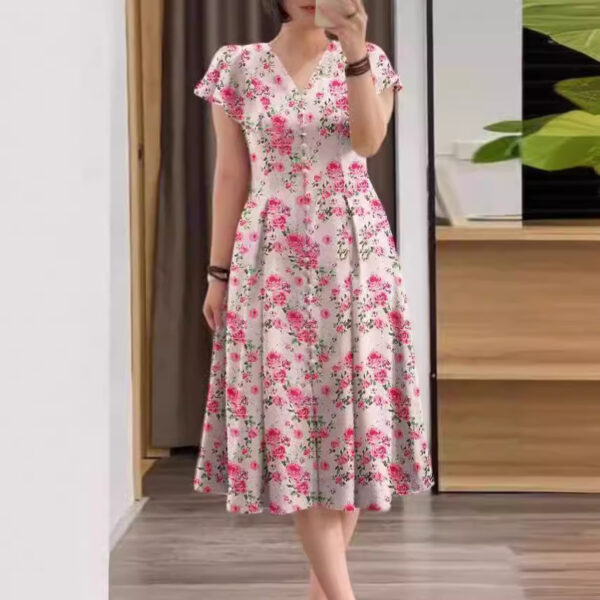 Floral Button Short Sleeve Women's Clothing Dress - Image 5