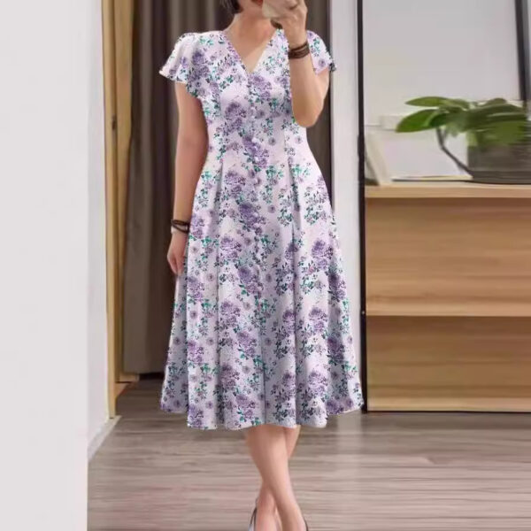 Floral Button Short Sleeve Women's Clothing Dress - Image 6