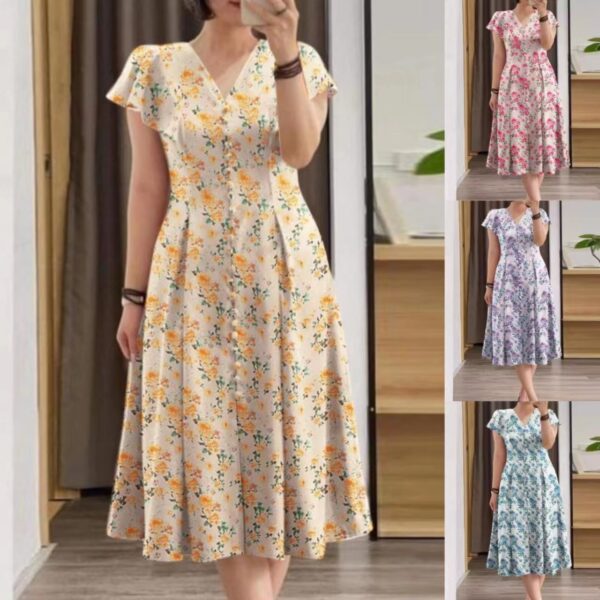 Floral Button Short Sleeve Women's Clothing Dress