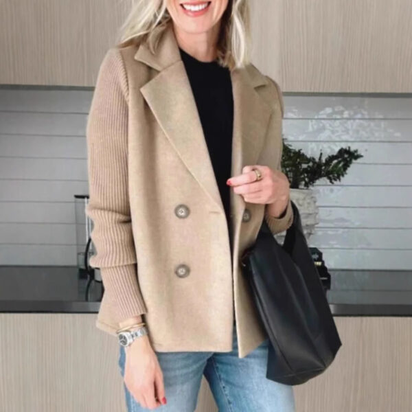 Double Breasted Lapel Jacket Fashion Knitted Sleeves Splicing Design Coat Outerwear Women's Clothing - Image 10