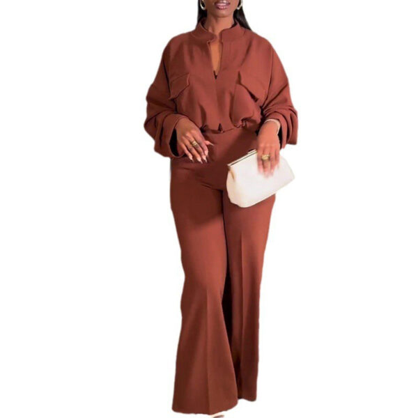 Casual V-neck Long Sleeve Top Wide-leg Trousers Suit - Image 2