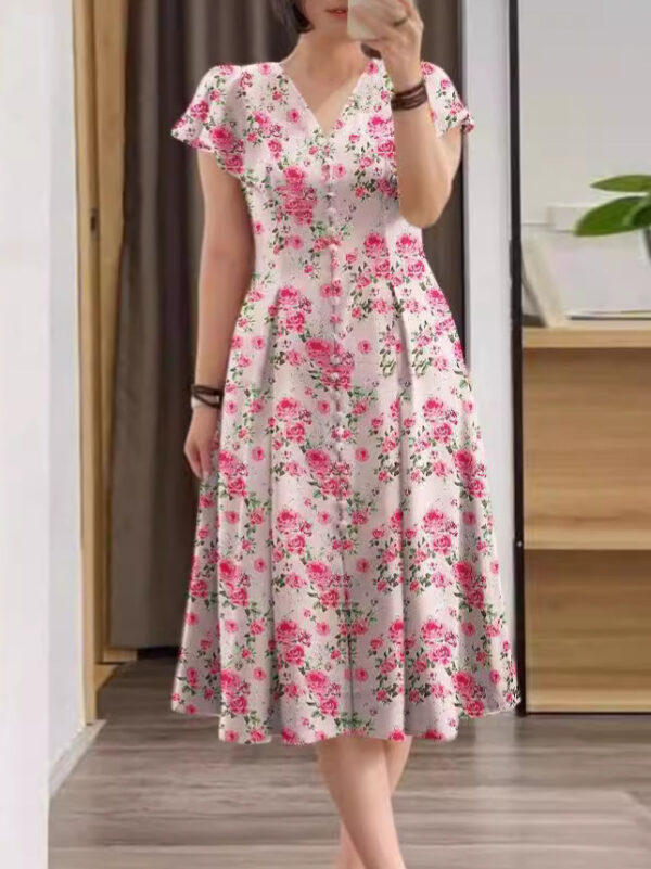 Floral Button Short Sleeve Women's Clothing Dress - Image 2