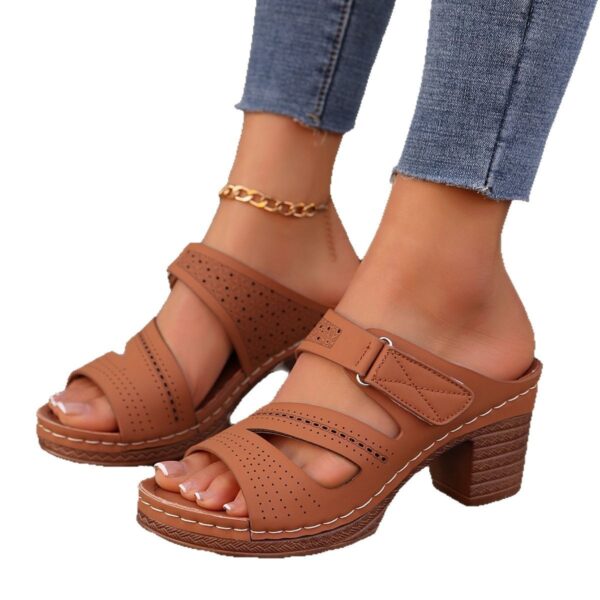 Square-heeled Peep-toe Slides Shoes Summer Casual Chunky Heel Sandals Solid Color Slippers - Image 3