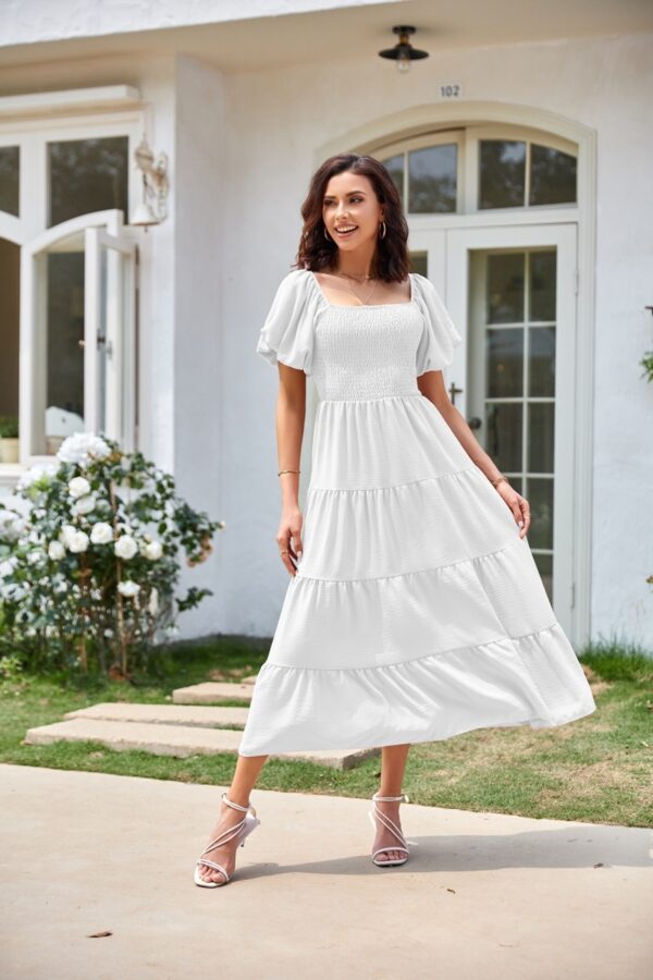 Square Collar Backless Puff Sleeve Pleated Short Sleeves Dress - Image 10