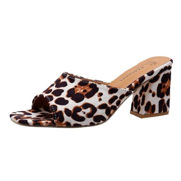 Leopard Square Toe Sandals Summer High-heeled Slippers Chunky Heel Shoes For Women - Image 2