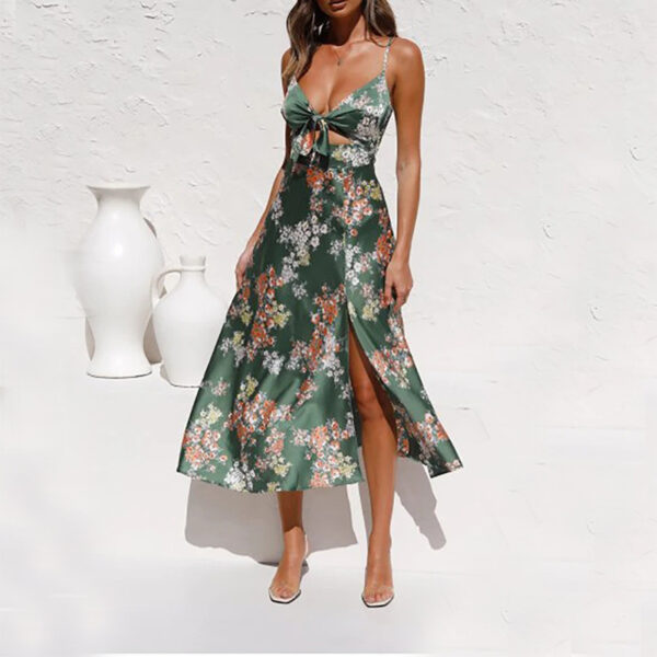 Flower Print Split Suspender Dress With Hollow Bowknot Design Ins Fashion Sleeveless Beach Dresses Summer Women's Clothing - Image 2