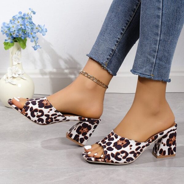 Leopard Square Toe Sandals Summer High-heeled Slippers Chunky Heel Shoes For Women - Image 3