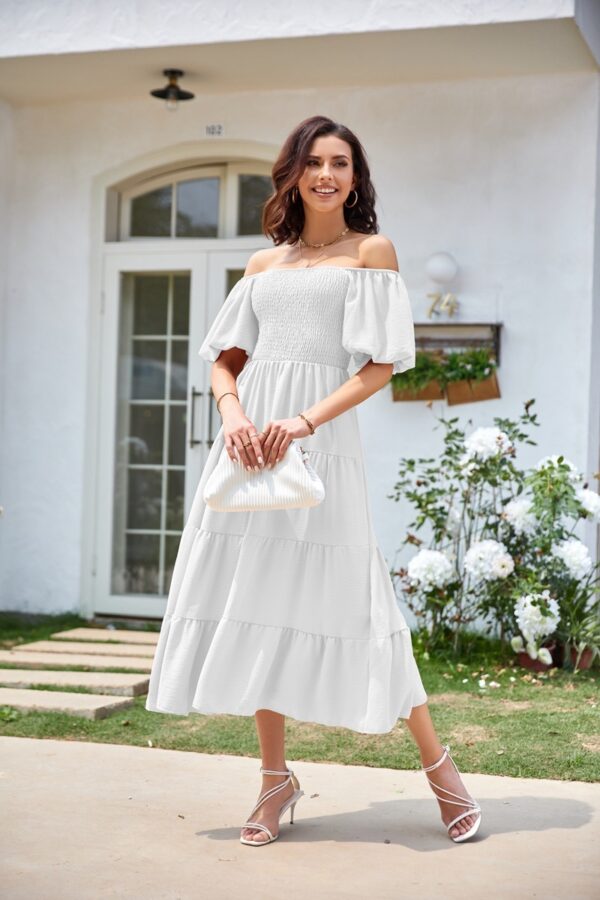 Square Collar Backless Puff Sleeve Pleated Short Sleeves Dress - Image 2