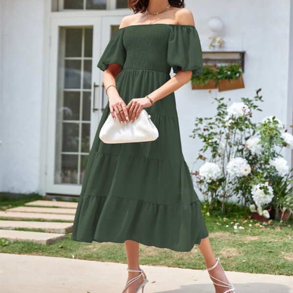 Square Collar Backless Puff Sleeve Pleated Short Sleeves Dress - Image 9