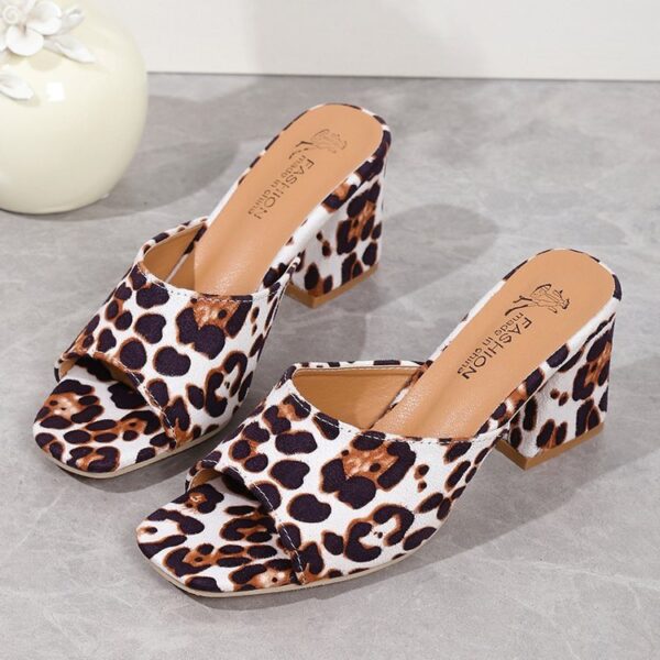 Leopard Square Toe Sandals Summer High-heeled Slippers Chunky Heel Shoes For Women - Image 5