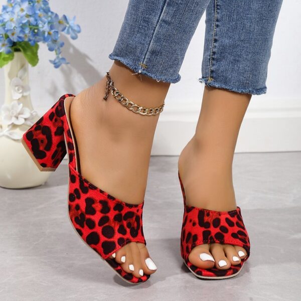 Leopard Square Toe Sandals Summer High-heeled Slippers Chunky Heel Shoes For Women - Image 7