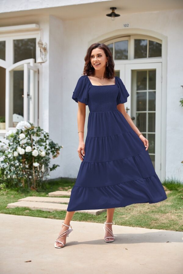 Square Collar Backless Puff Sleeve Pleated Short Sleeves Dress - Image 4