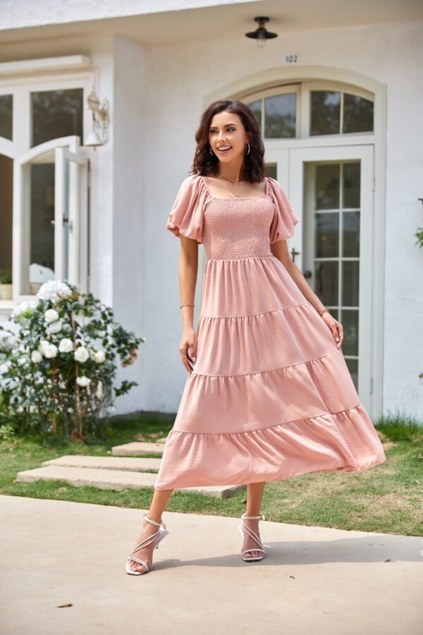 Square Collar Backless Puff Sleeve Pleated Short Sleeves Dress - Image 6