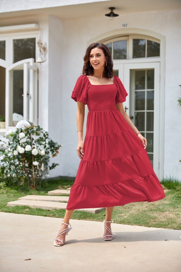 Square Collar Backless Puff Sleeve Pleated Short Sleeves Dress - Image 7