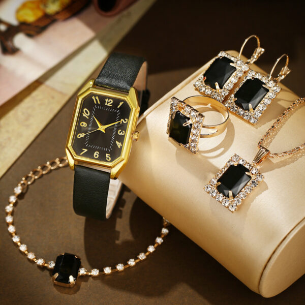 Leather Women's Watch Square Quartz Watch Korean Necklace Earrings Ring Set - Image 7