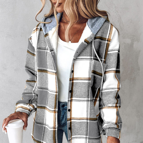 European And American Fashion Women's Wear Solid Color Plaid Hooded Jacket - Image 5