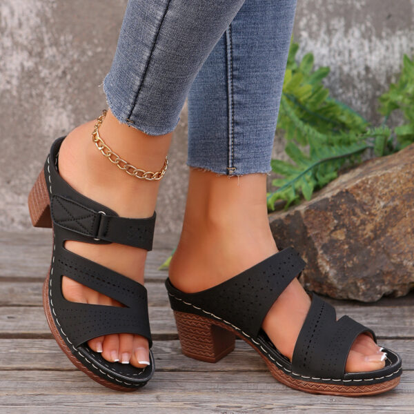 Square-heeled Peep-toe Slides Shoes Summer Casual Chunky Heel Sandals Solid Color Slippers - Image 10