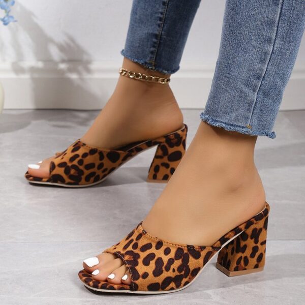 Leopard Square Toe Sandals Summer High-heeled Slippers Chunky Heel Shoes For Women - Image 8