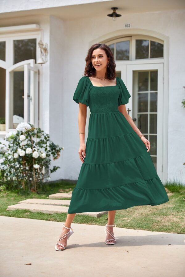 Square Collar Backless Puff Sleeve Pleated Short Sleeves Dress - Image 3