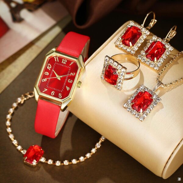 Leather Women's Watch Square Quartz Watch Korean Necklace Earrings Ring Set - Image 2