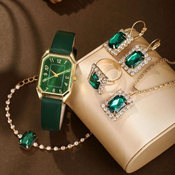 Leather Women's Watch Square Quartz Watch Korean Necklace Earrings Ring Set - Image 4