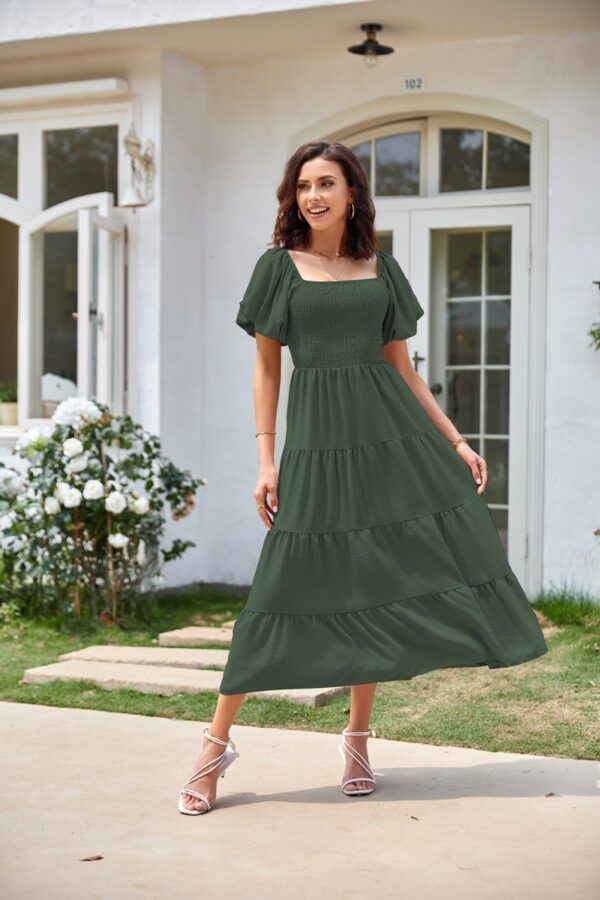 Square Collar Backless Puff Sleeve Pleated Short Sleeves Dress - Image 5